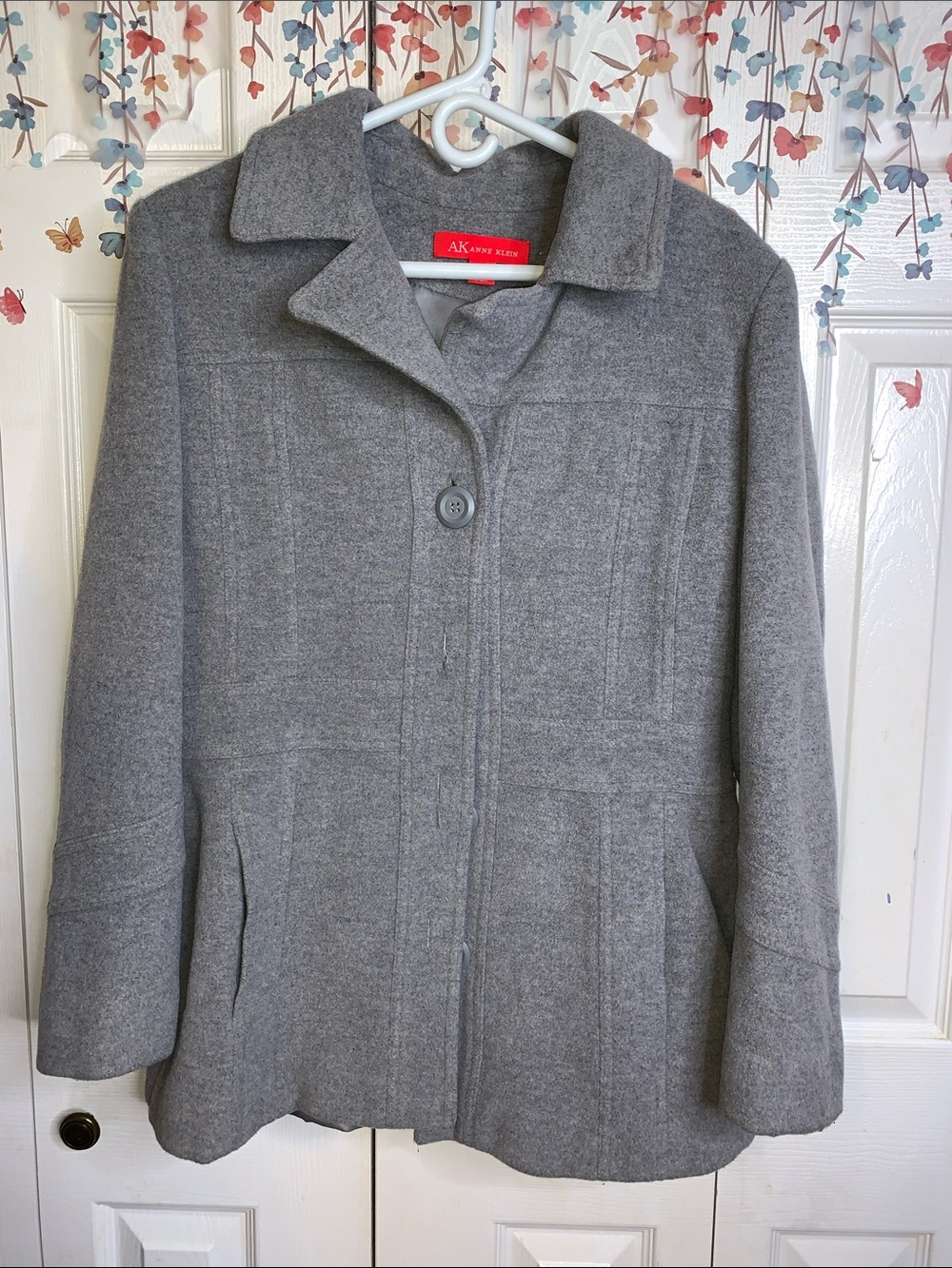 Anne Klein Light Gray Wool-Blend Single Button Pea Coat